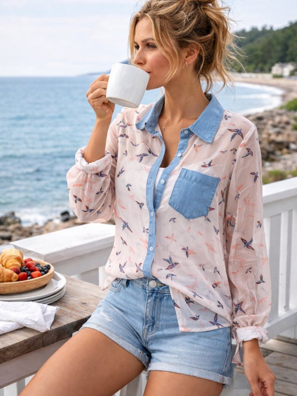 Fun & Flirt Sheer Bird Print Blouse Chambray Collar Coastal Cottage Large